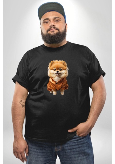 Angemiel Teacup Pomernian Çeket Siyah Büyük Beden Erkek Kadın Unisex Basic Ön Baskılı Tişört Siyah
