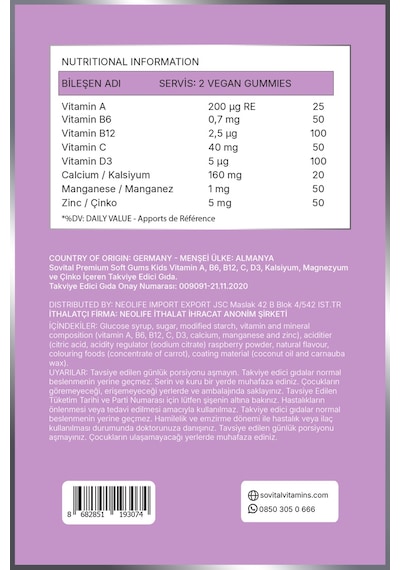 Sovital Kids A, C, D3, B6, B12, Çinko, Kalsiyum İçeren Çocuklar İçin Çiğnenebilir,vegan,şekersiz 60 Gummy X 3 Adet