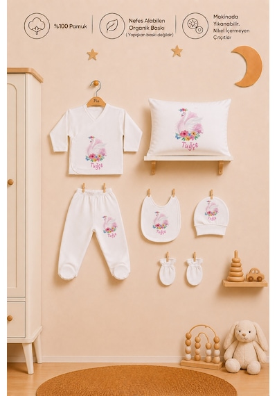 Pia Baby İsme Özel Kız Bebek %100 Pamuk Zıbın Şapka Önlük Eldiven Ve Yastık Kılıfı Hediyelik Set 2097yz3x Ekru