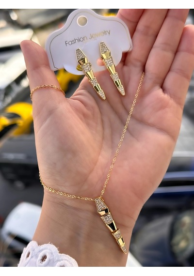 Sarı Çelik Kadın Küpe Ve Kolye Set Frjw10009a-b 2 Yıl Garantili Hediye Paketli