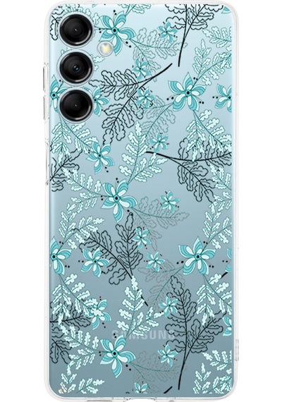 Samsung Galaxy M35 İle Uyumlu Floral Su Yeşili Baskılı Kamera Korumalı Şeffaf Kılıf