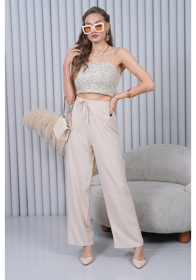 Polologin Butik Beli Bağcıklı Yüksek Bel Bol Paça Taş Renkli Pantolon Krem
