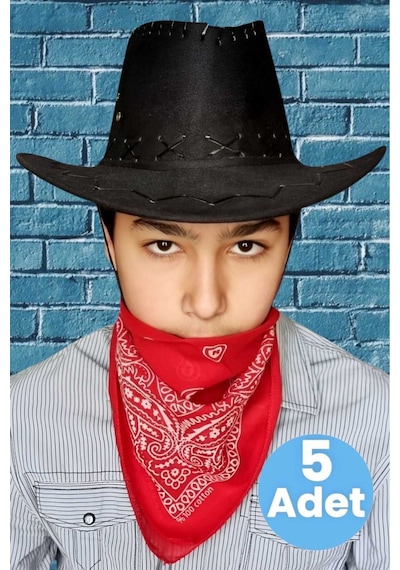 Uniquetrenders Çocuk Unisex Bandanalı 5'li Nubuk Kovboy Şapkası 8-14 Yaş Siyah 2