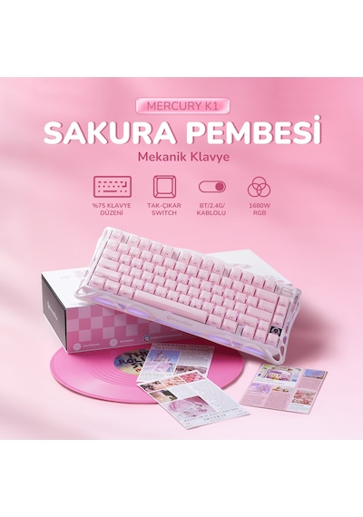 Gravastar Mercury K1+m1 Pro Kablosuz Rgb Işıklı Mekanik Q Gaming Klavye Ve Optik Mouse Seti, Sakura Optik