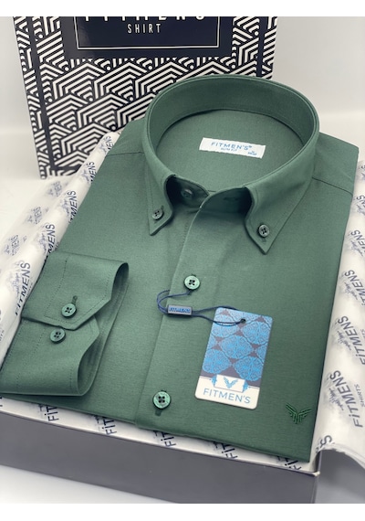 Slim Fit Uzun Kol Pamuklu Hediye Kutulu Kolay Ütülenebilir Erkek Gömlek Fs-002225 - Koyu Yeşil-2811