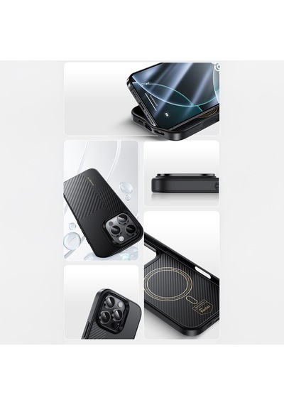 Apple Uyumlu iPhone 16 Pro Max Kılıf Karbon Fiber M-safe Kamera Butonlu Benks Hybrid Armorpro Montage Kevlar Siya Siyah