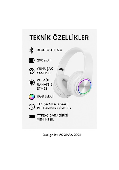 Rgb Işıklı Kablosuz Bluetooth Kulak Üstü Kulaklık Müzik, Oyun, Mikrofonlu, Katlanabilir