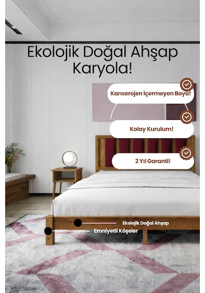 Renazzo Ori On Bordo Puf Başlıklı Masif Ahşap Karyola Ceviz 120x200 Ceviz - 120 X 200 Renazzo Ori On Bordo Puf Başlıklı Masif Ahşap Karyola Ceviz 120x200 Ceviz - 120 X 200