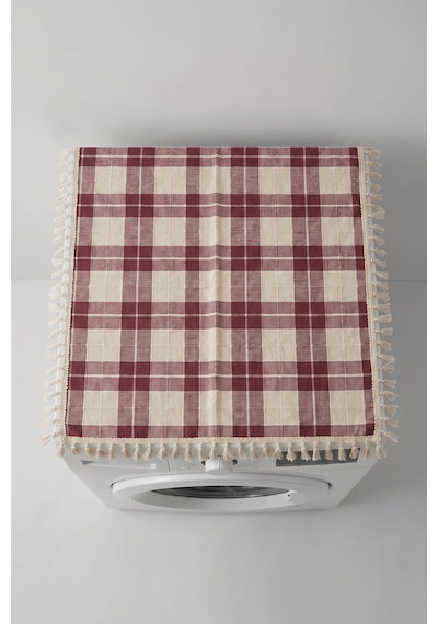 Bordo Vintage Püsküllü Çamaşır Makinesi Örtüsü - Çeyizlik Buldan Bezi Dekoratif Banyo Makine Kılıfı