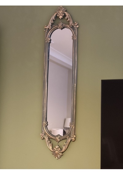 Uzun Oval Dekoratif Duvar Aynası Haki Yeşil & Eskitme Altın Varaklı 80x20 Cm Naturel