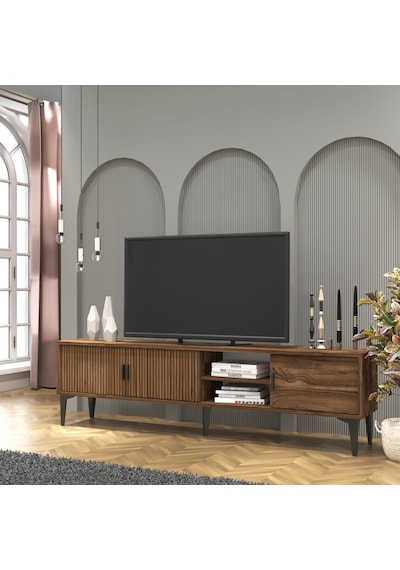 Marin Tv Ünitesi Tv Sehpası 180 Cm Çizgi Desenli , Raflı , Ceviz