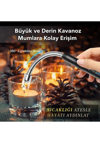 Valkyrie Type-c Şarjlı Elektronik, Mum Yakma Darbeli Ateşleyici 360 Esnek Boyun, Rüzgar Geçirmez, Göstergeli Çok Renkli