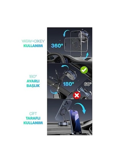 Magsafe Uyumlu Manyetik Araç Telefon Tutucu 360 Döner Güçlü Vakumlu Stand Siyah