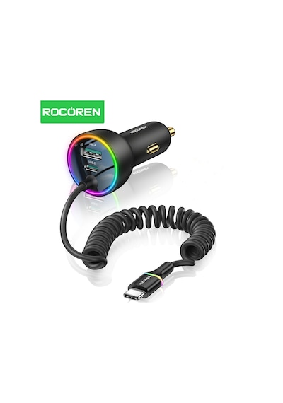 Rocoren 70w 3 Portlu 2 Type-c 1 Usb-a Spiral Kablolu Led Işıklı Araç İçi Hızlı Şarj Cihazı