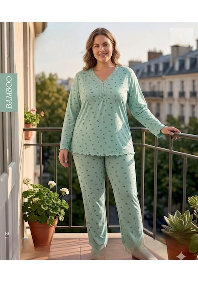 Derya Kadın Büyük Beden Dantel Yaka Bambu Uzun Kol İnce Pijama Takımı 8141y - 1 Adet Yeşil Derya Kadın Büyük Beden Dantel Yaka Bambu Uzun Kol İnce Pijama Takımı 8141y - 1 Adet Yeşil
