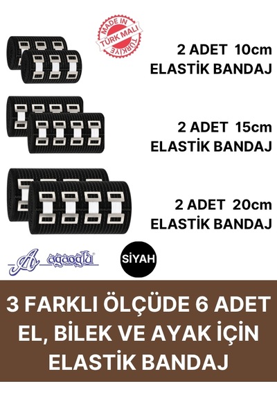Elastik Bandaj Seti 6 Lı 2x10cm-2x15cm-2x20cm 12 Klipsli 4,5 Metreye Kadar Uzar, Spor Ve Günlük Kullanım Siyah