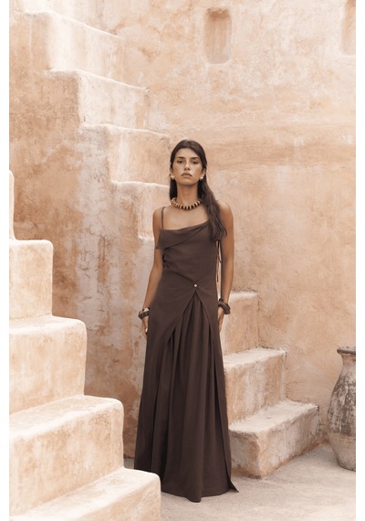 Mai Collection Mai Studios Co. Blantyre Askılı Uzun Kahve Keten Elbise Kahve
