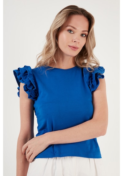 Lela Pamuklu Kolları Fırfırlı Slim Fit Bisiklet Yaka Bayan T Shirt 5864500 Saks