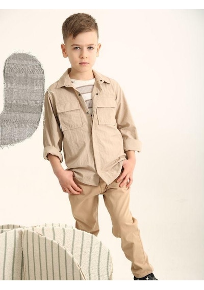 Nanica Kids Erkek Çocuk Paraşüt Kumaş Çıtçıtlı Cepli Gömlek-16007 Bej
