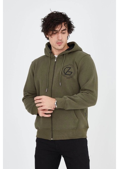 Erkek 3 İplik Pamuklu Fermuarlı Kapüşonlu Kanguru Cepli Baskılı Hoodie Hırka Sweatshirt - Yeşil