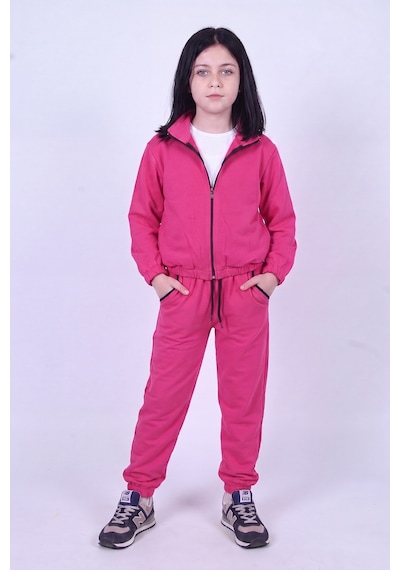 Panios Kids Kız Çocuk Dik Yaka Fermuarlı Beli Bağcıklı Lastik Paça Eşofman Takımı Fuşya