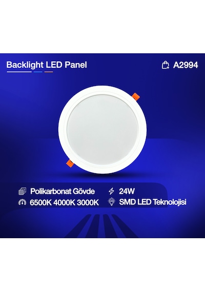 24w Sıva Altı Led Panel Armatür Spot İç Çap 20 Cm Beyaz Ve Siyah Kasa Beyaz Gövde, Gün Işığı 3000k