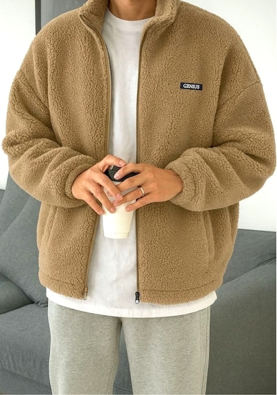 Genius Store Oversize Peluş Tam Fermuarlı Sweatshirt Peluş İçi Polarlı Sherpa Kumaş Sweatshirt Bej