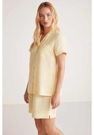 Penye Mood Kadın Kısa Kol Önden Düğmeli Şortlu Sarı Pijama Takımı C0t4n6o9 001