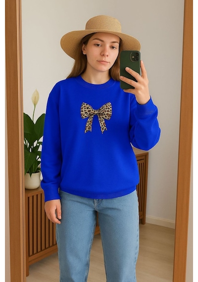 Benroma 3 İplik Penye Kurdela Baskılı Unisex Sweatshırt Saks Mavisi