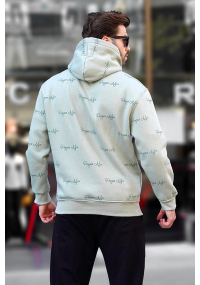 Madmext Çağla Yeşili Baskılı Kapşonlu Cep Detaylı Erkek Sweatshirt 7075 Yeşil