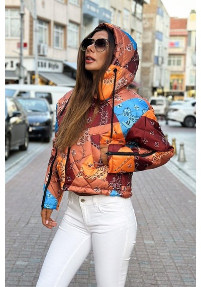 Keyifli Moda Kadın Kahverengi Desenli Kapüşonlu Kolları Fermuarlı Kısa Şişme Mont - S-m Kahverengi