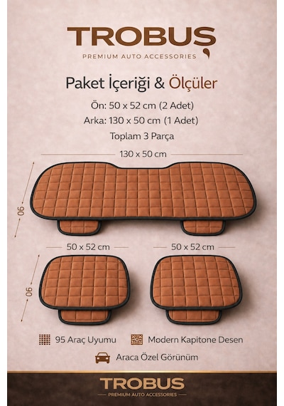 Ford Transit 2014-2020 Üniversal Soft Alkantra Kare Desen 3 Parça Oto Koltuk Minderi Taba