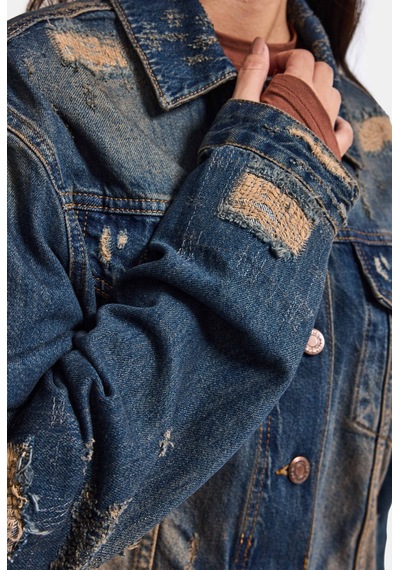 Kadın Kot Rengi 10w6-8 Kemer Boy Oversize Özel Tasarım Denim Ceket