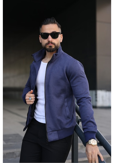 Baselco Dik Yaka Slim Fit Mevsimlik Astarlı Süet Ceket Lacivert
