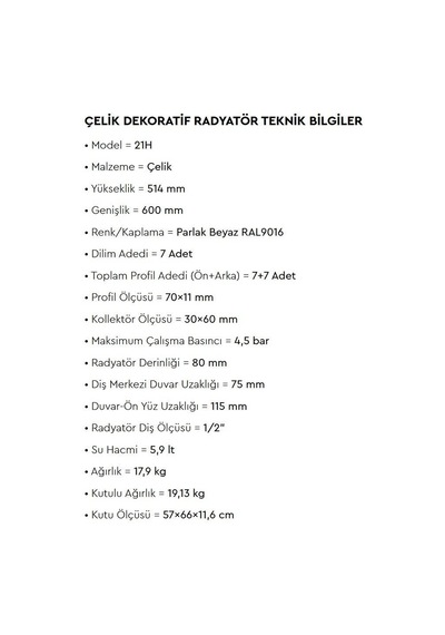 Radiva - Tip 21h Dekoratif Radyatör 514x600 Beyaz  - 221h05140600b1ps-
