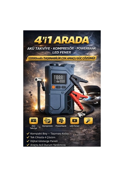Castu Cs70 Plus 12000mah Akü Takviye Cihazı 4ü 1 Arada Jump Starter Kompresör Powerbank 150 Psı
