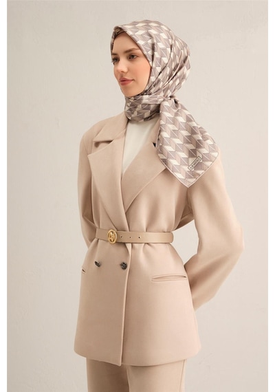 Armine Geometrik Desenli Sura Saf İpek Eşarp - 9309 Gri - 86