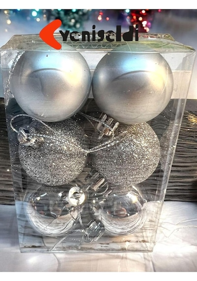 6 Adet Gümüş Renk 5 Cm Yılbaşı Topu, Noel Topu, Çam Ağacı Topu, Süs Topu T-48, Gümüş