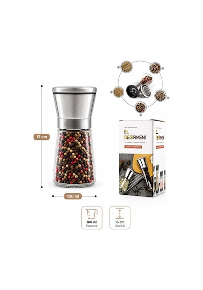 Seramik Öğütücülü 5 Kademe Ayarlı Tuz Ve Karabiber El Değirmeni - 180 Ml Şeffaf Cam Hazne 13 Cm 2'li Set Çok Renkli