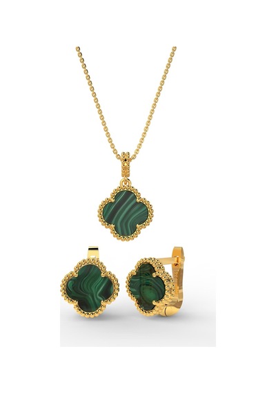 Erdobia 925 Ayar Yeşil Kaplangözü Taşlı Gold Yonca Kolye Küpe 2'li Gümüş Set-takım
