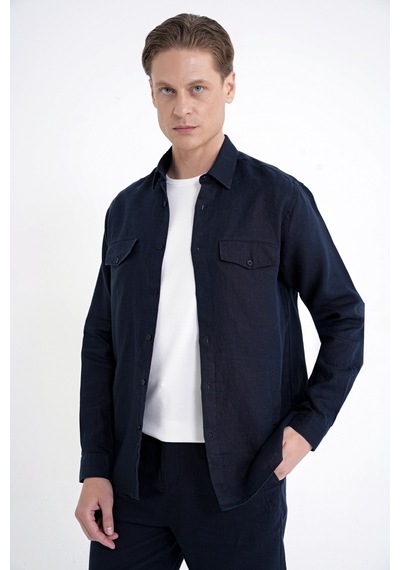 Comfort Fit Yan Cepli %100 Keten Lacivert Gömlek Ceket G 1602