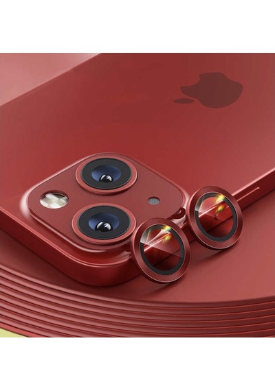 Apple İphone 13 Mini Kamera Koruyucu Lens Mercek Metal Çerçeveli 2li Set Kırmızı Red