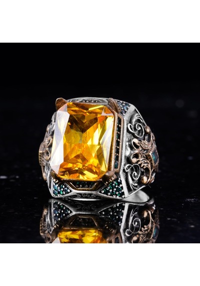 Sterling Gümüş Erkek Yüzük İle Yapay Sitrin Taşı Vintage Tasarım El Yapımı İfadesel Yüzük Gümüş
