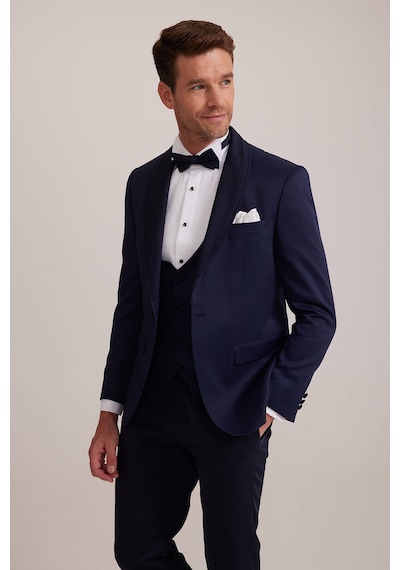 Ysf Erkek Lacivert Slim Fit Şal Yaka Yelekli Damatlık