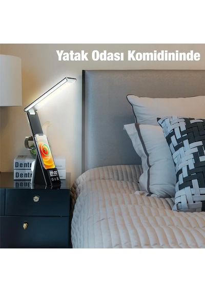 Ally Dijital Saatli 15w Kablosuz Şarjlı Led Işıklı Katlanabilir Masa Lambası- 5775 Renkli