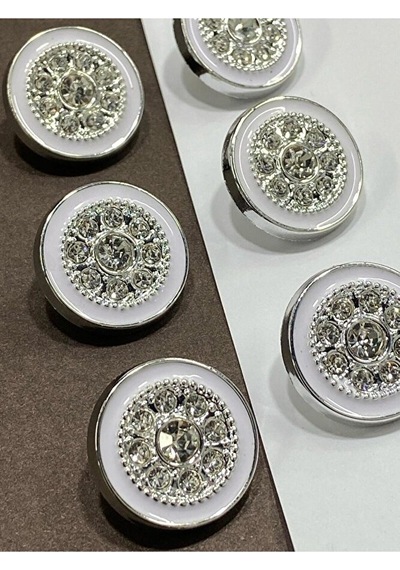 Taşlı Düğme /beyaz Mineli Gümüş Metalize / 6 Lı Set / 2,2 Cm