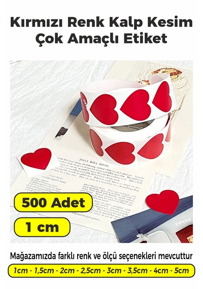 Kırmızı Renk Kalp Kesim Sticker Etiket 1cm - 500 Adet Kırmızı