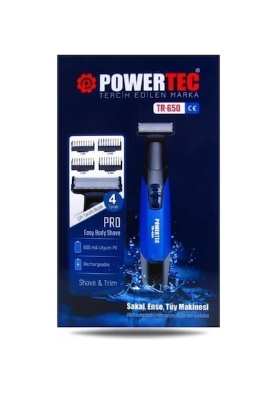 Powertec TR-650 (TAHRİŞ KARŞITI) Şarjlı Epilasyon Öncesi Hassas Vücut Tıraş Makinesi Çift Bıçak 2 Yıl Garanti