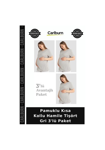 Carlburn Özel Seri Pamuklu Kısa Kollu Hamile Tişört Gri 3'lü Paket Dökümlü Model Günlük Giyim Konforlu Giysi Gri-3