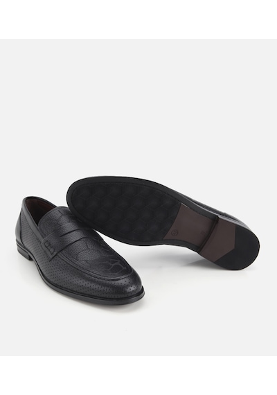 Hotiç Erkek Deri Siyah Yumuşak Dokulu Baskılı Klasik Loafer
